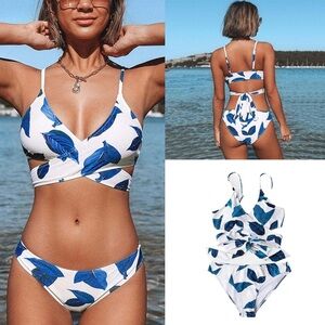 Cupshe Fresh Leaves Adjustable Padded Wrap Tie Blue White Women’s Bikini Size XS
